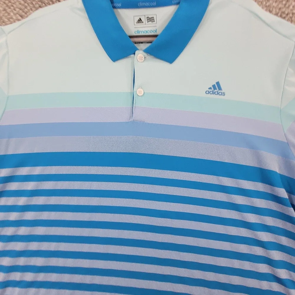 Adidas Golf Climacool Mens 2XL Polo Shirt Blue Aqua Striped Performance Short Sl